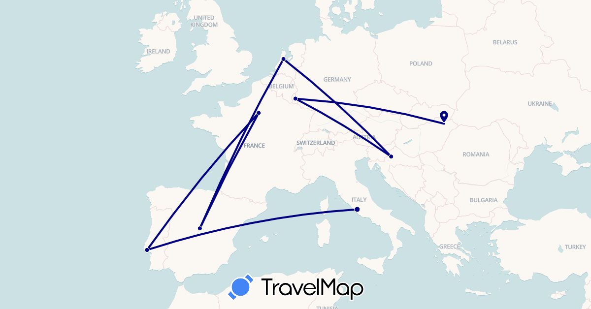 TravelMap itinerary: driving in Spain, France, Croatia, Hungary, Italy, Luxembourg, Netherlands, Portugal (Europe)
